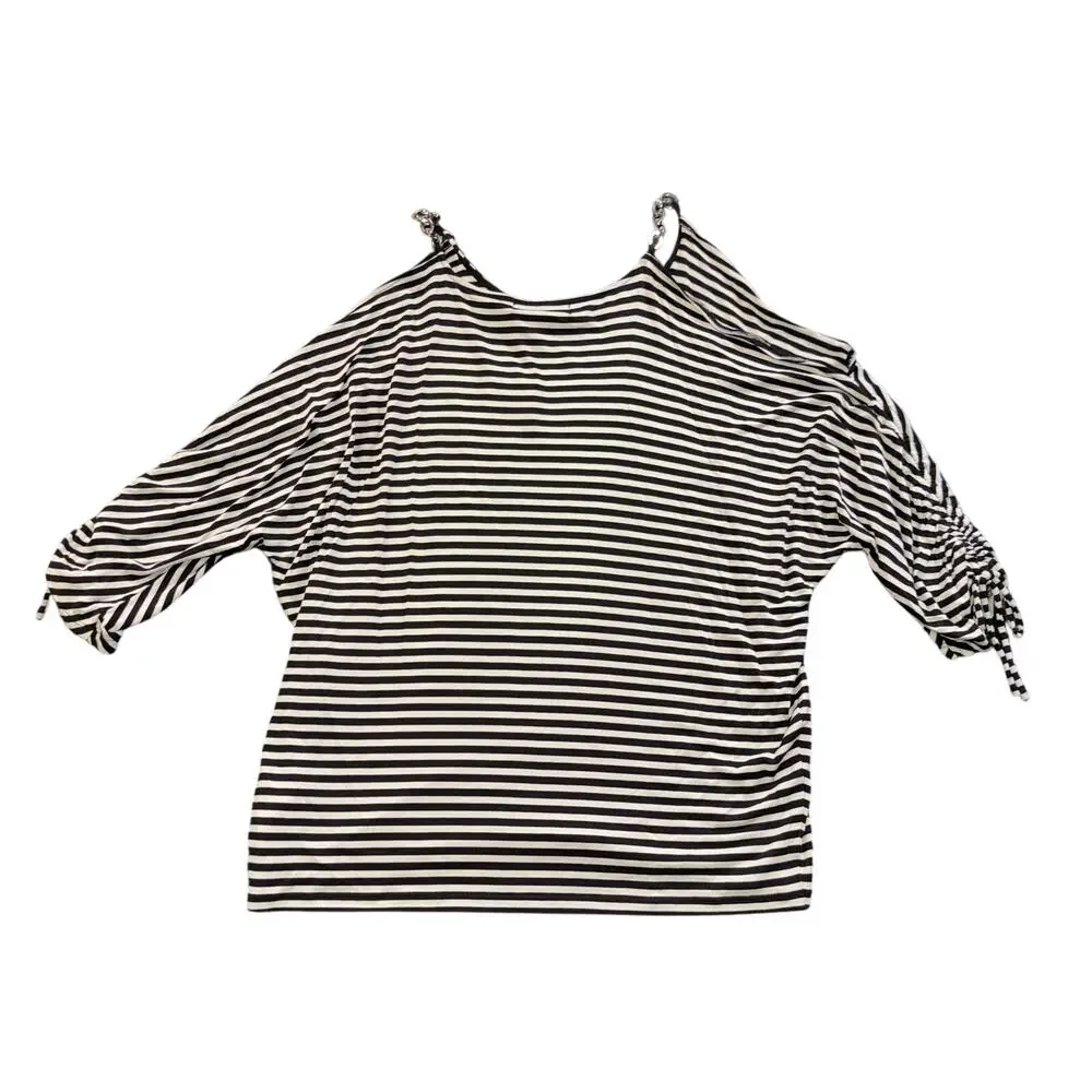 Michael Kors Cold Shoulder Top L Striped Black White Chain Strap
